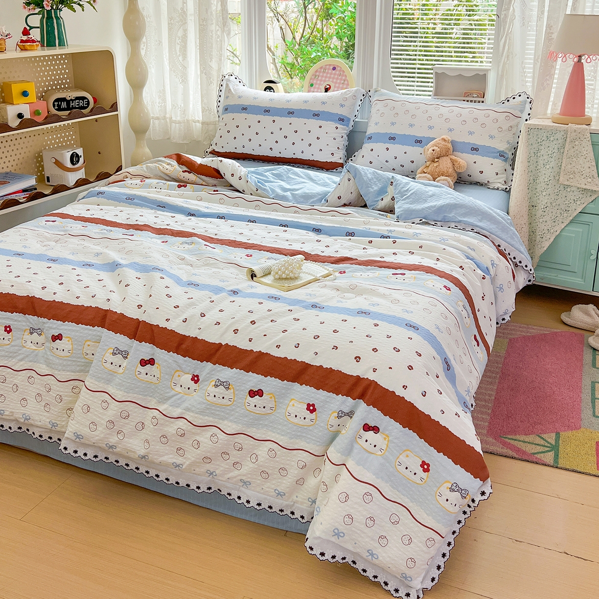 91家纺网 家纺一手货源 找家纺 恒尚居 2026新款A类泡芙纱花边夏被夏凉被空调被四套件 【波点奶芙】全棉花边