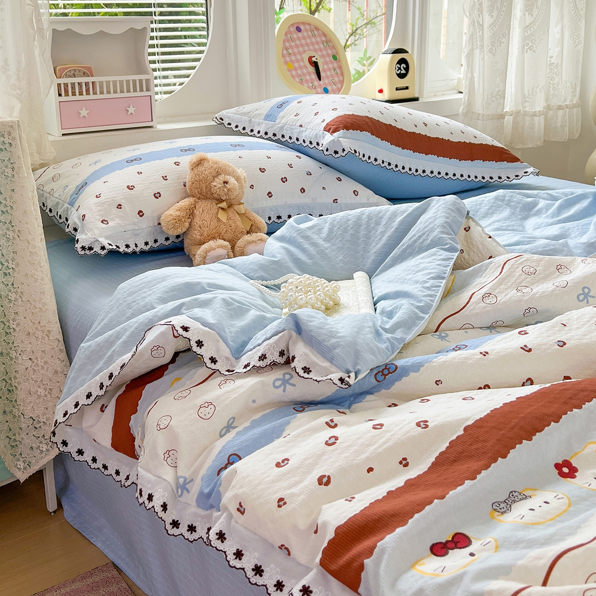 91家纺网 家纺一手货源 找家纺 恒尚居 2026新款A类泡芙纱花边夏被夏凉被空调被四套件 【波点奶芙】全棉花边