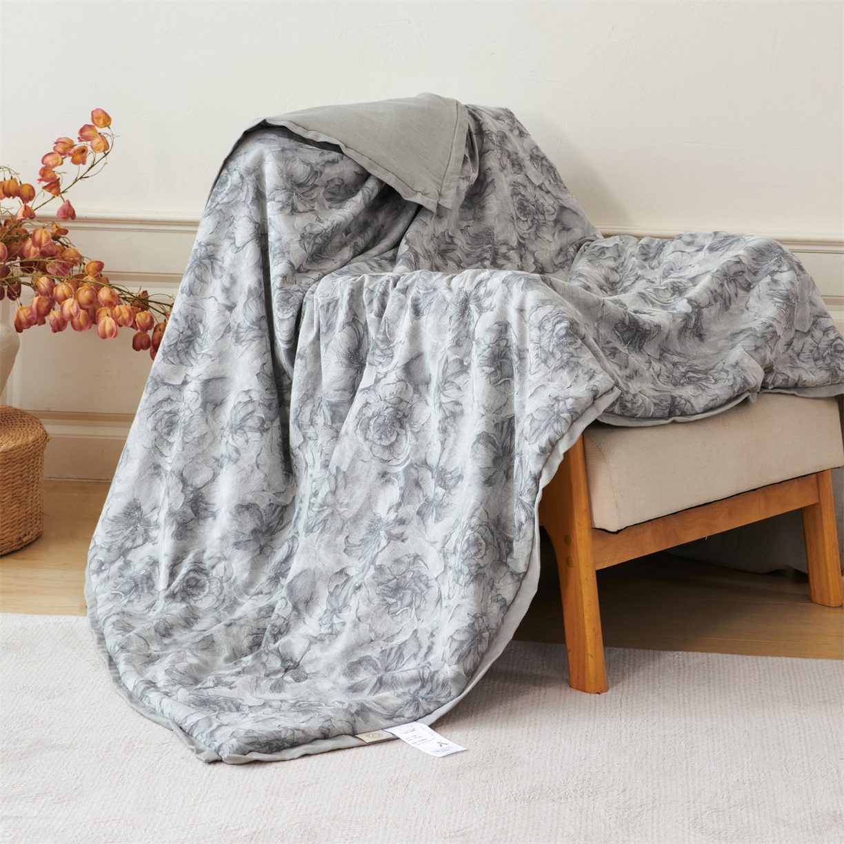 91家纺网 家纺一手货源 找家纺 瑞米家居 2026新款全棉色织花夏被夏凉被空调被 花与月-中灰