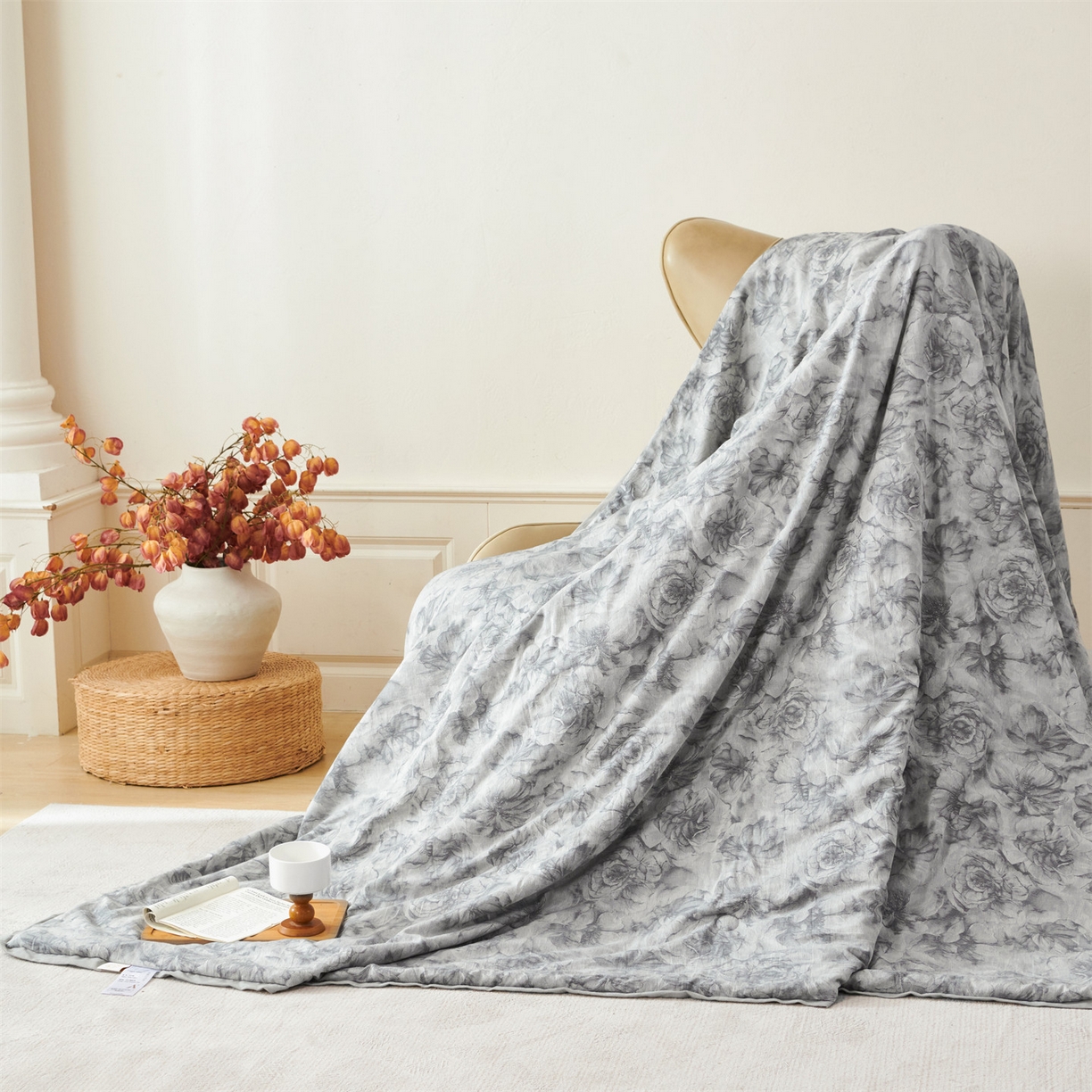 91家纺网 家纺一手货源 找家纺 瑞米家居 2026新款全棉色织花夏被夏凉被空调被 花与月-中灰