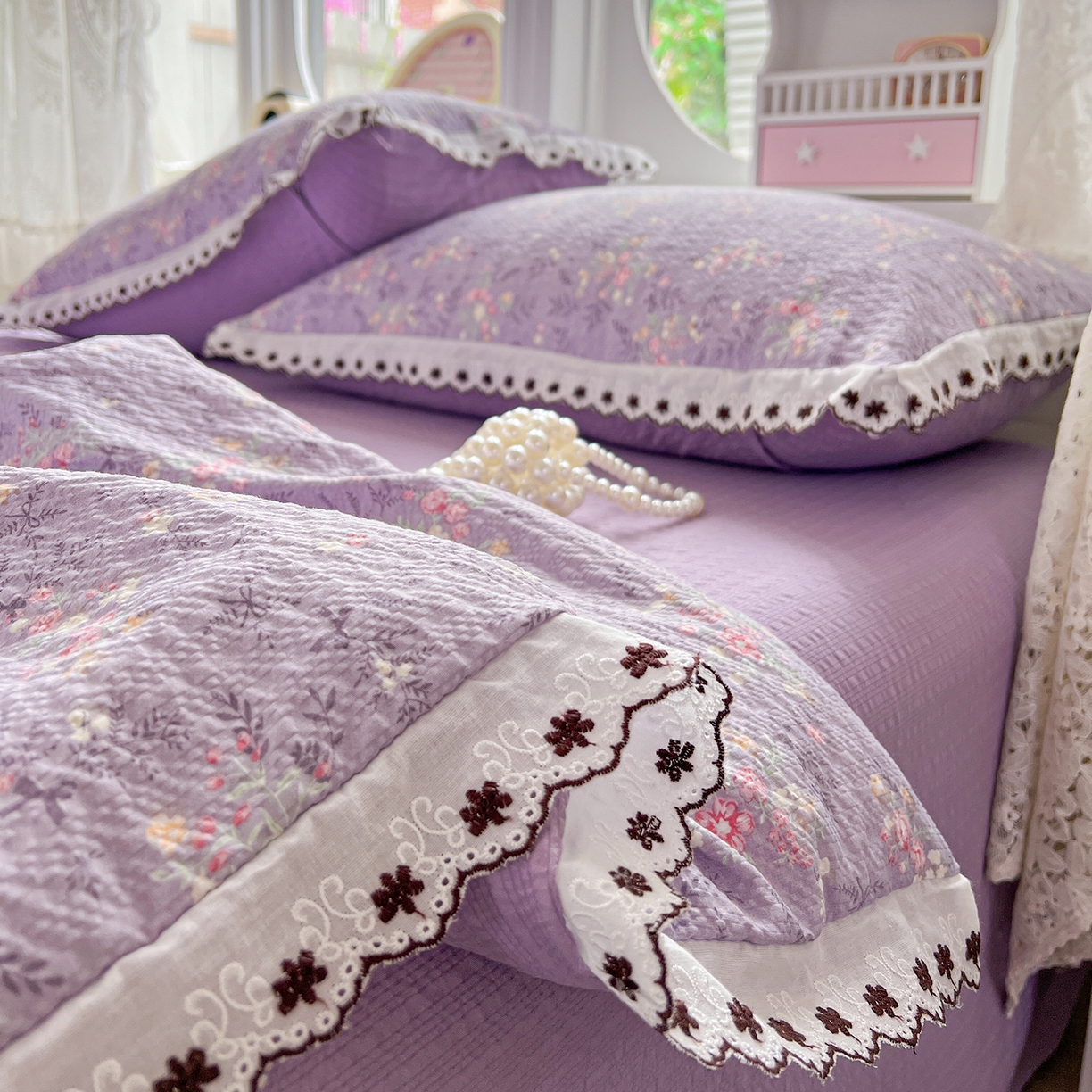 91家纺网 家纺一手货源 找家纺 恒尚居 2026新款A类泡芙纱花边夏被夏凉被空调被四套件 【花间紫】全棉花边