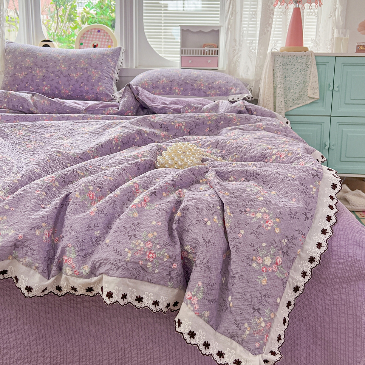 91家纺网 家纺一手货源 找家纺 恒尚居 2026新款A类泡芙纱花边夏被夏凉被空调被四套件 【花间紫】全棉花边