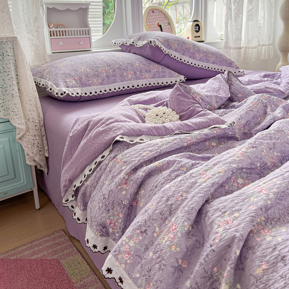 91家纺网 家纺一手货源 找家纺 恒尚居 2026新款A类泡芙纱花边夏被夏凉被空调被四套件 【花间紫】全棉花边