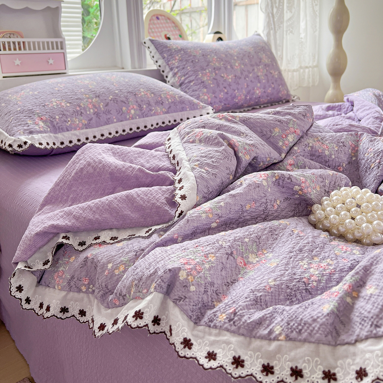 91家纺网 家纺一手货源 找家纺 恒尚居 2026新款A类泡芙纱花边夏被夏凉被空调被四套件 【花间紫】全棉花边