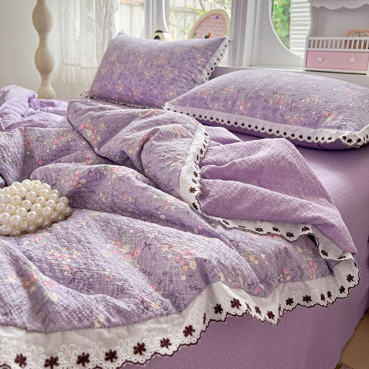 91家纺网 家纺一手货源 找家纺 恒尚居 2026新款A类泡芙纱花边夏被夏凉被空调被四套件 【花间紫】全棉花边