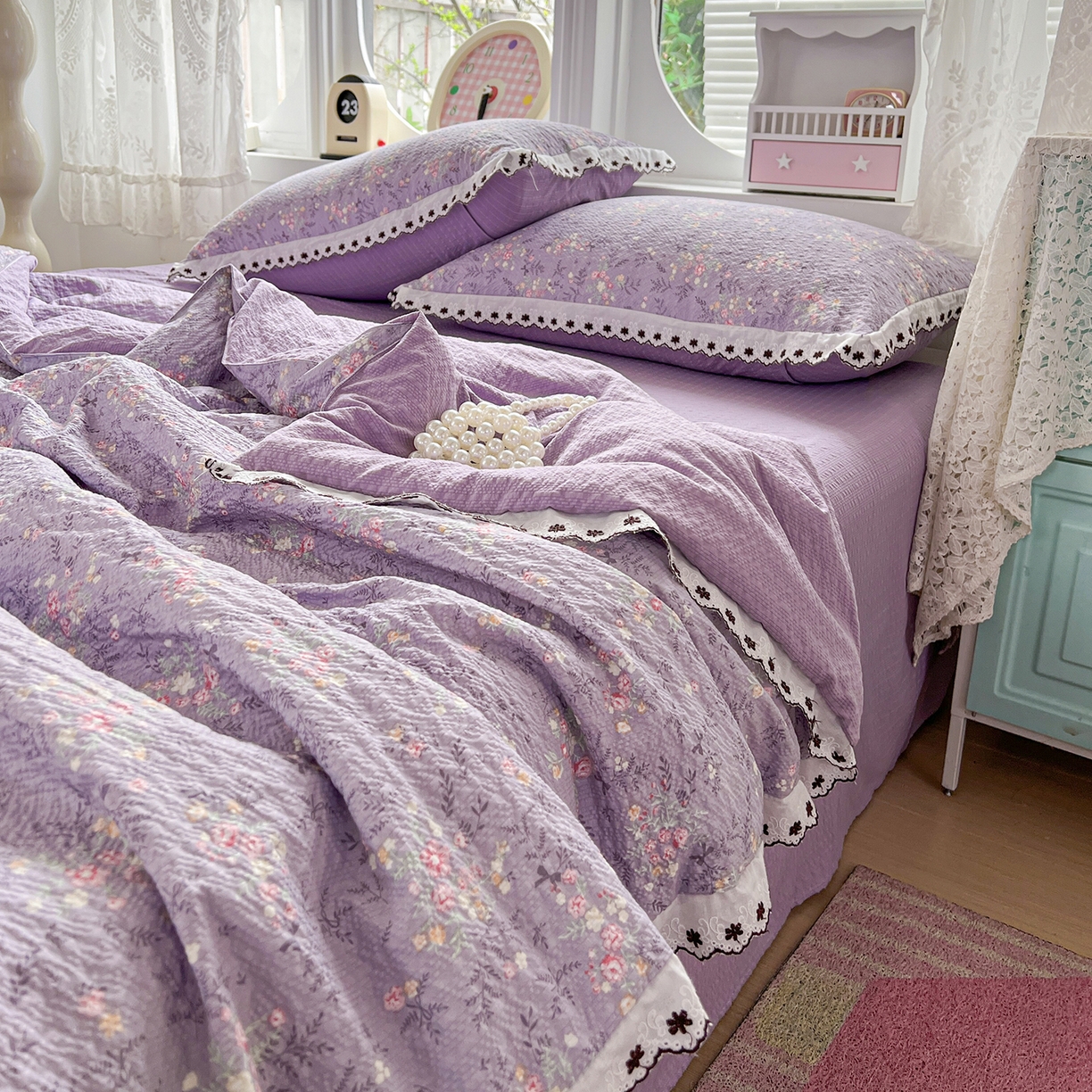 91家纺网 家纺一手货源 找家纺 恒尚居 2026新款A类泡芙纱花边夏被夏凉被空调被四套件 【花间紫】全棉花边