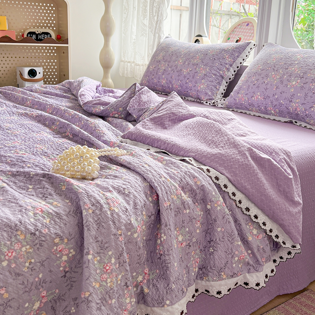 91家纺网 家纺一手货源 找家纺 恒尚居 2026新款A类泡芙纱花边夏被夏凉被空调被四套件 【花间紫】全棉花边
