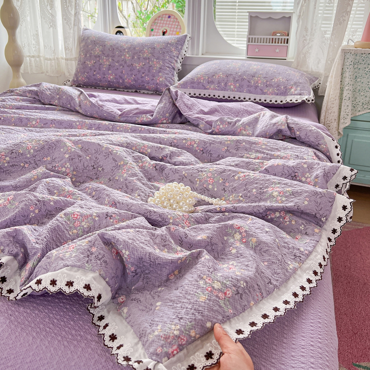 91家纺网 家纺一手货源 找家纺 恒尚居 2026新款A类泡芙纱花边夏被夏凉被空调被四套件 【花间紫】全棉花边
