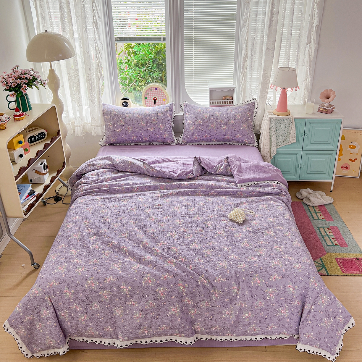 91家纺网 家纺一手货源 找家纺 恒尚居 2026新款A类泡芙纱花边夏被夏凉被空调被四套件 【花间紫】全棉花边