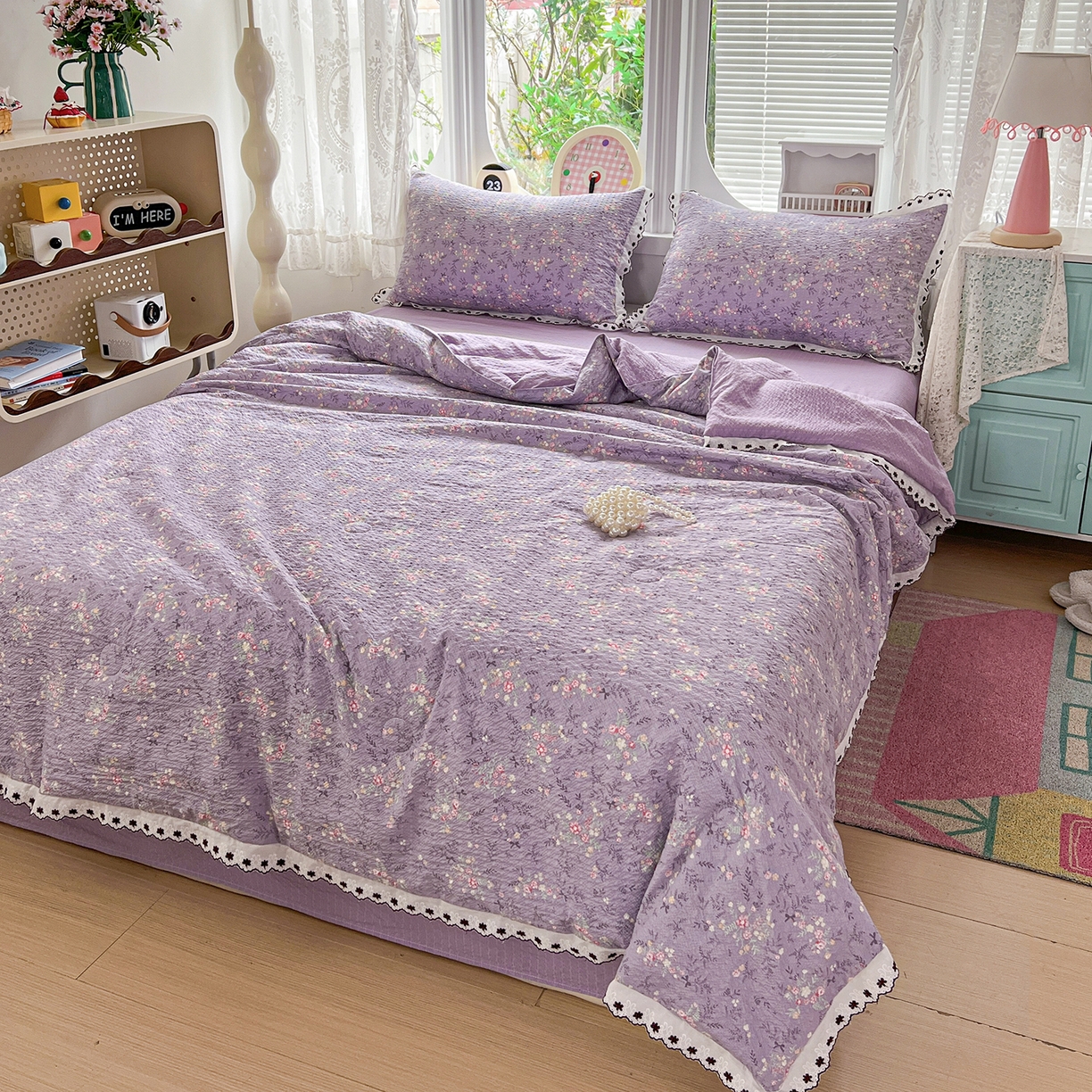 91家纺网 家纺一手货源 找家纺 恒尚居 2026新款A类泡芙纱花边夏被夏凉被空调被四套件 【花间紫】全棉花边