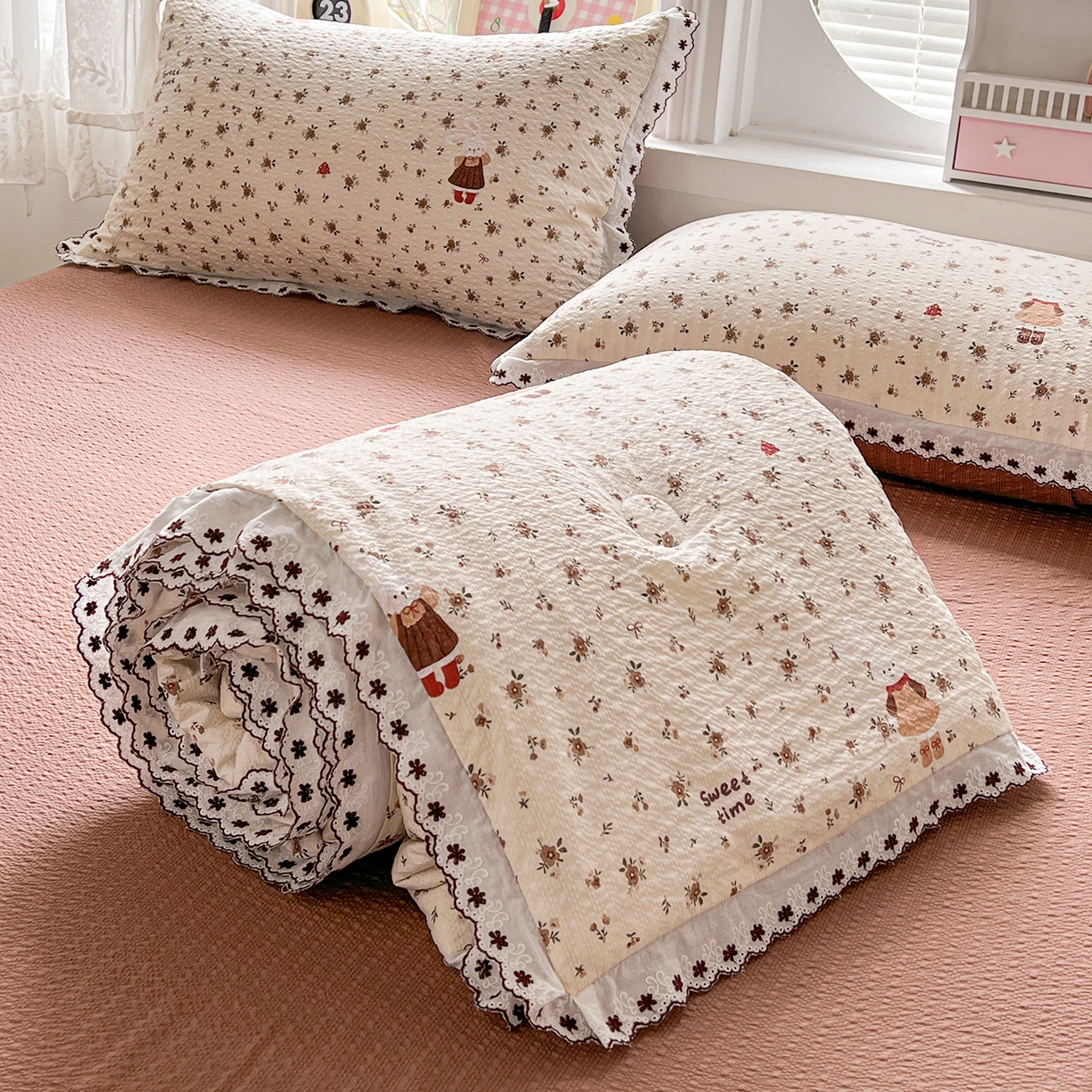 恒尚居 2026新款A类泡芙纱花边夏被夏凉被空调被四套件 【花雨小兔】全棉花边