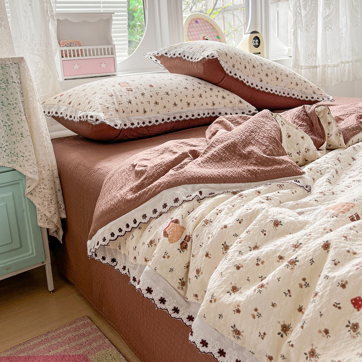 91家纺网 家纺一手货源 找家纺 恒尚居 2026新款A类泡芙纱花边夏被夏凉被空调被四套件 【花雨小兔】全棉花边