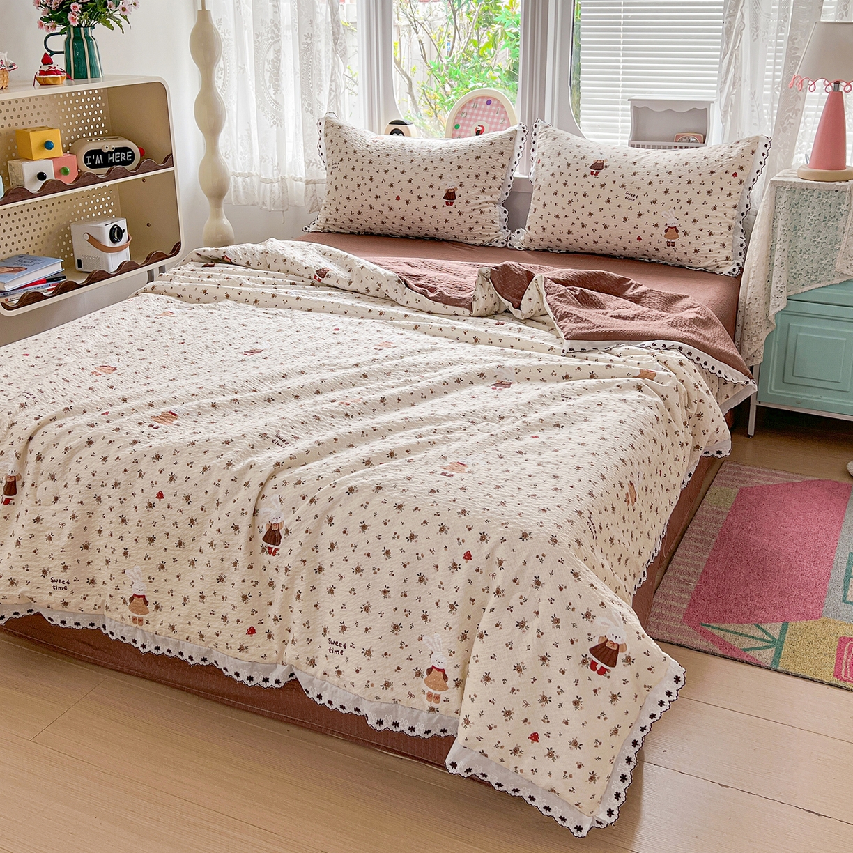 91家纺网 家纺一手货源 找家纺 恒尚居 2026新款A类泡芙纱花边夏被夏凉被空调被四套件 【花雨小兔】全棉花边