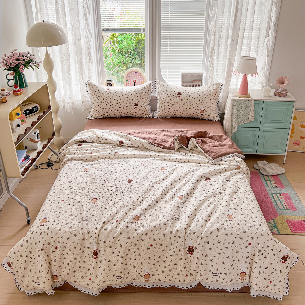 91家纺网 家纺一手货源 找家纺 恒尚居 2026新款A类泡芙纱花边夏被夏凉被空调被四套件 【花雨小兔】全棉花边