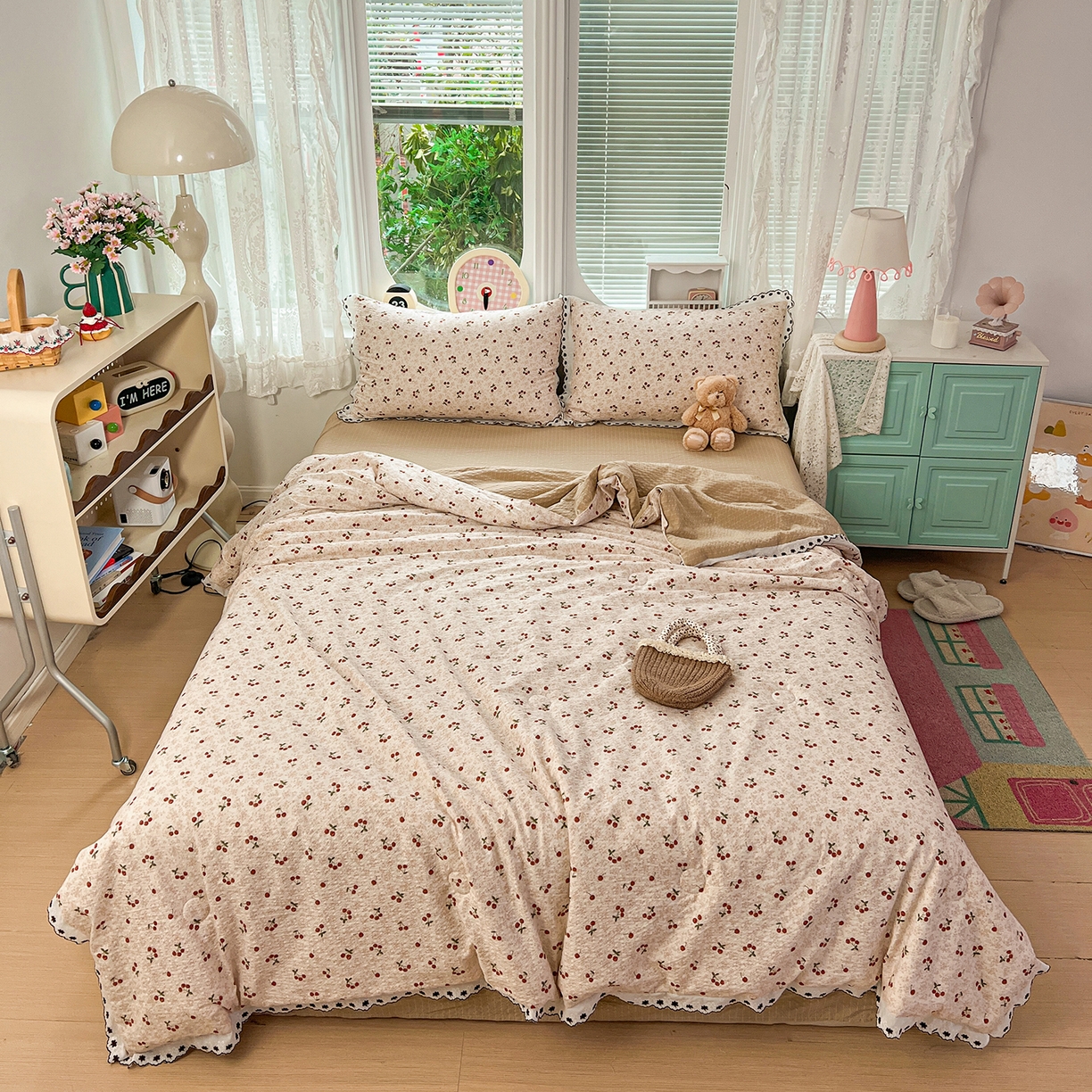 91家纺网 家纺一手货源 找家纺 恒尚居 2026新款A类泡芙纱花边夏被夏凉被空调被四套件 【满地樱桃】全棉花边