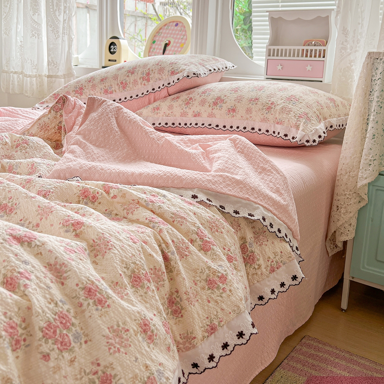 91家纺网 家纺一手货源 找家纺 恒尚居 2026新款A类泡芙纱花边夏被夏凉被空调被四套件 【玫瑰织语】全棉花边