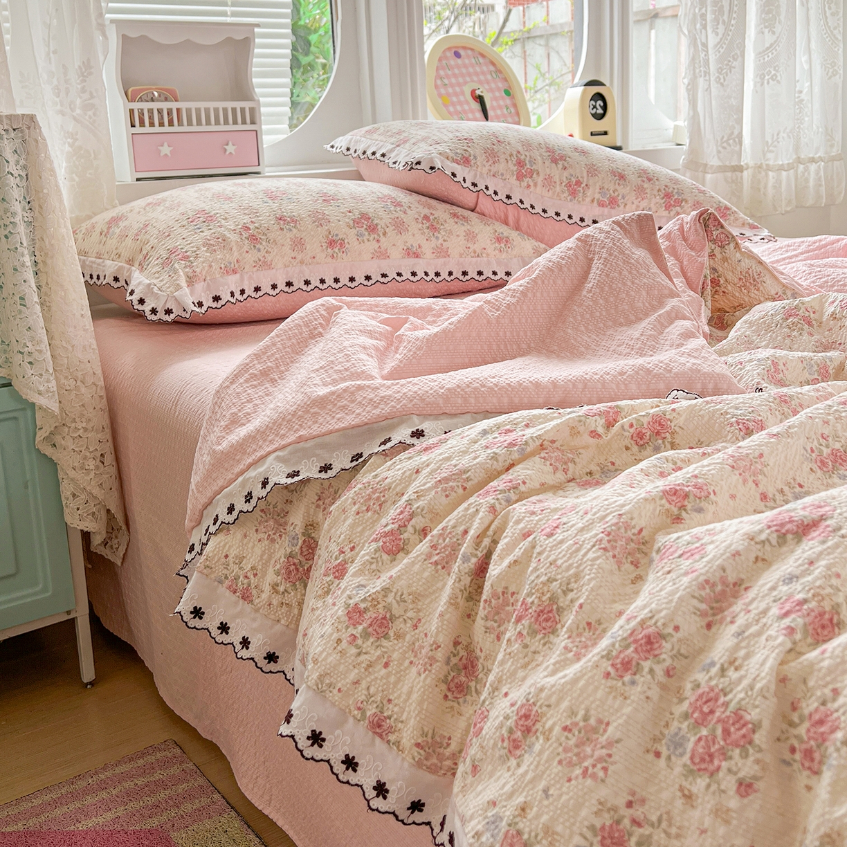 91家纺网 家纺一手货源 找家纺 恒尚居 2026新款A类泡芙纱花边夏被夏凉被空调被四套件 【玫瑰织语】全棉花边