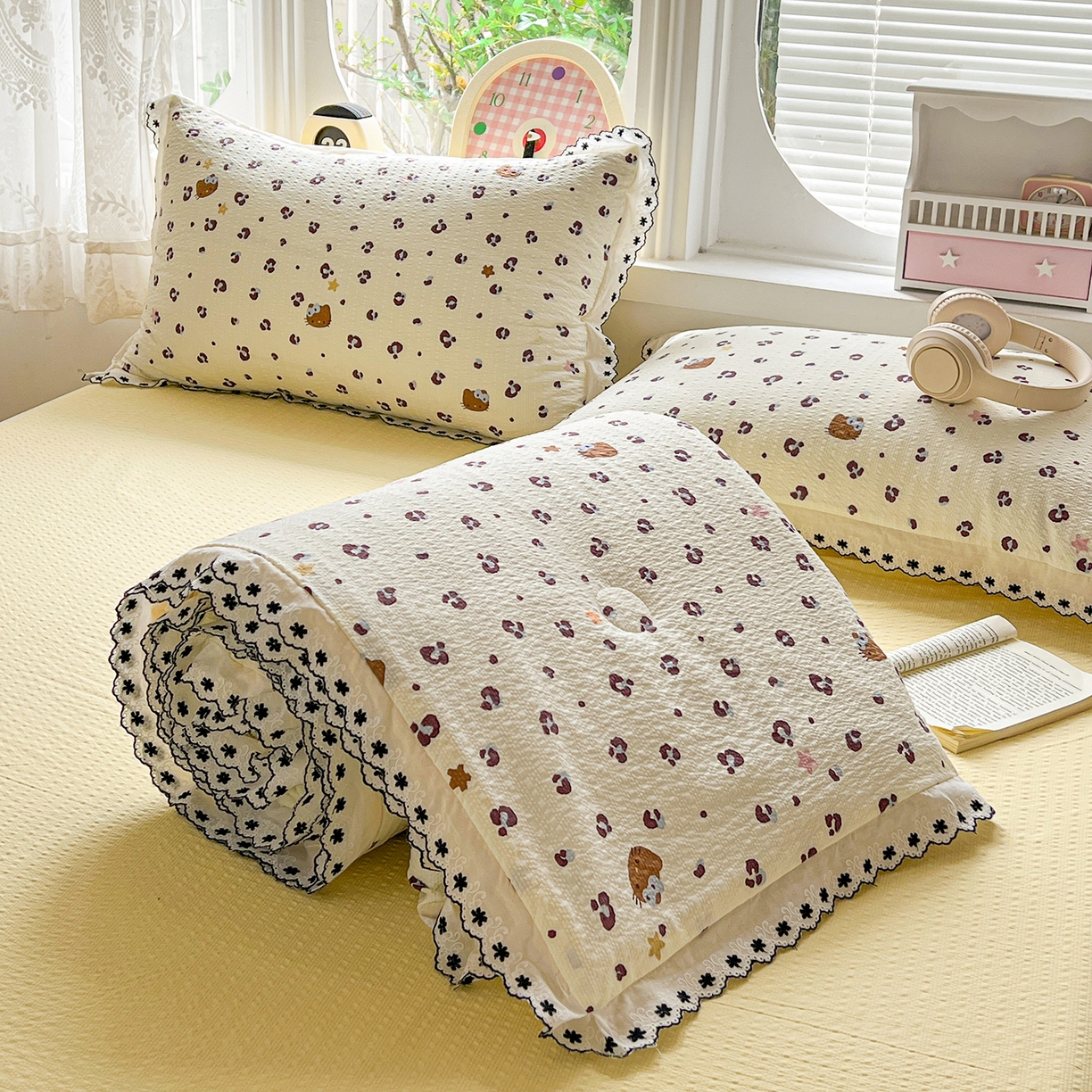 恒尚居 2026新款A类泡芙纱花边夏被夏凉被空调被四套件 【奶呼小猫】全棉花边