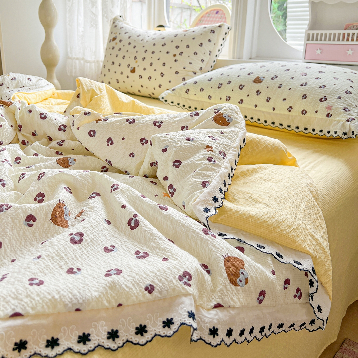 91家纺网 家纺一手货源 找家纺 恒尚居 2026新款A类泡芙纱花边夏被夏凉被空调被四套件 【奶呼小猫】全棉花边