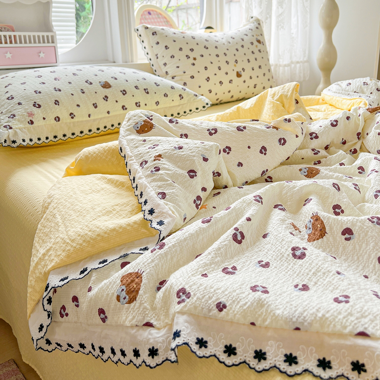 91家纺网 家纺一手货源 找家纺 恒尚居 2026新款A类泡芙纱花边夏被夏凉被空调被四套件 【奶呼小猫】全棉花边