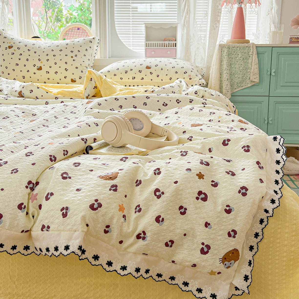 91家纺网 家纺一手货源 找家纺 恒尚居 2026新款A类泡芙纱花边夏被夏凉被空调被四套件 【奶呼小猫】全棉花边