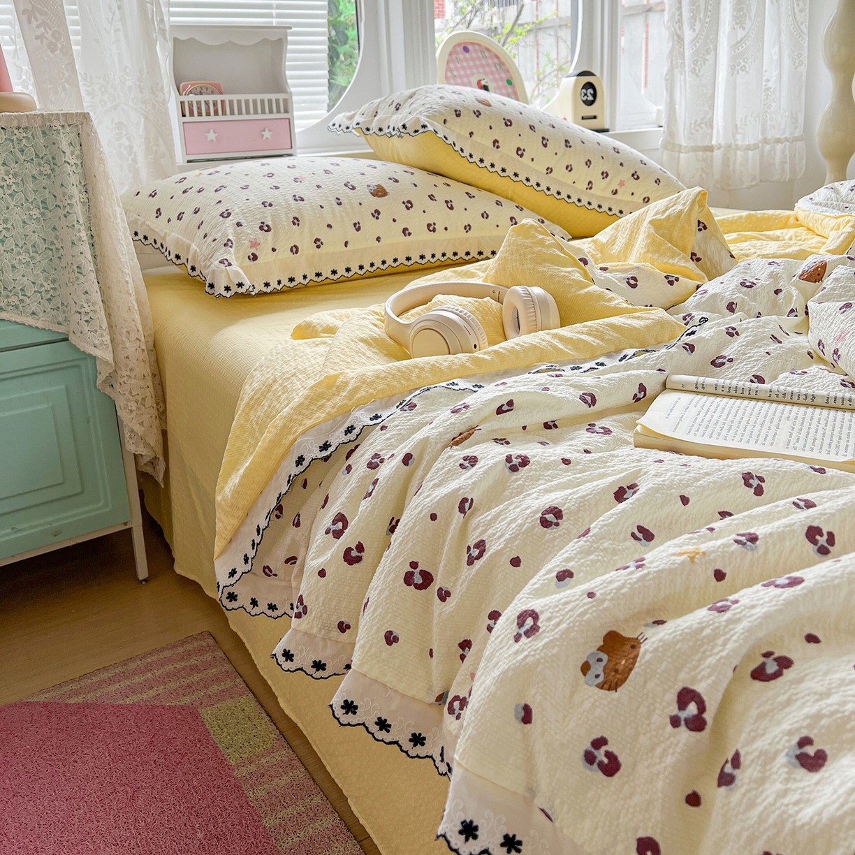 91家纺网 家纺一手货源 找家纺 恒尚居 2026新款A类泡芙纱花边夏被夏凉被空调被四套件 【奶呼小猫】全棉花边