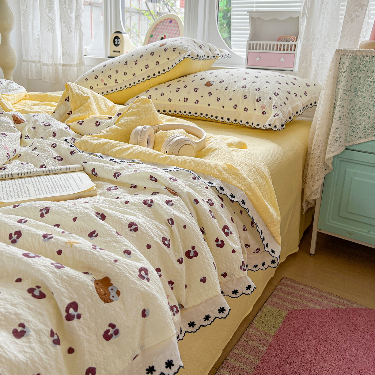 91家纺网 家纺一手货源 找家纺 恒尚居 2026新款A类泡芙纱花边夏被夏凉被空调被四套件 【奶呼小猫】全棉花边