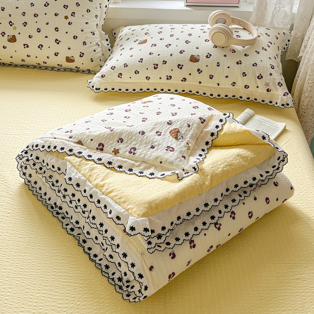 91家纺网 家纺一手货源 找家纺 恒尚居 2026新款A类泡芙纱花边夏被夏凉被空调被四套件 【奶呼小猫】全棉花边