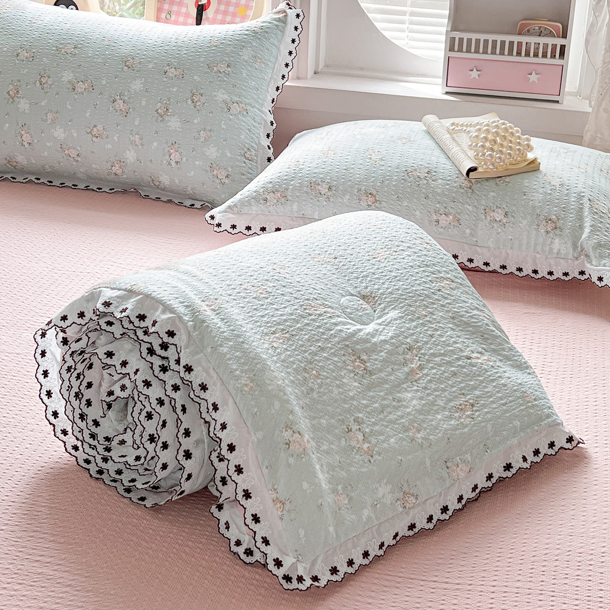 恒尚居 2026新款A类泡芙纱花边夏被夏凉被空调被四套件 【清新粉玫瑰】全棉花边