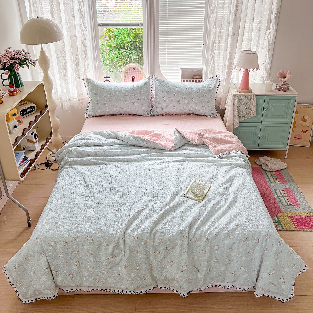 91家纺网 家纺一手货源 找家纺 恒尚居 2026新款A类泡芙纱花边夏被夏凉被空调被四套件 【清新粉玫瑰】全棉花边