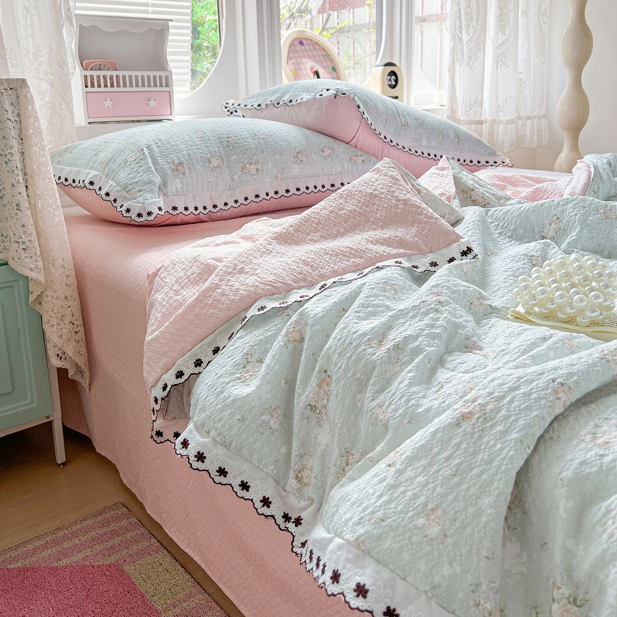 91家纺网 家纺一手货源 找家纺 恒尚居 2026新款A类泡芙纱花边夏被夏凉被空调被四套件 【清新粉玫瑰】全棉花边