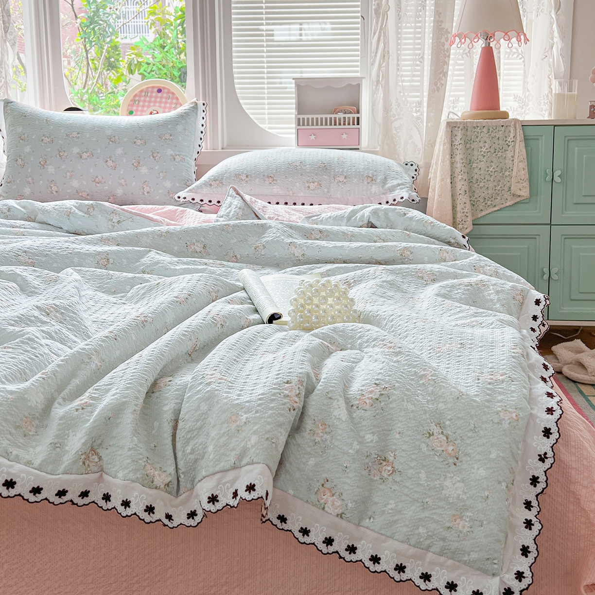 91家纺网 家纺一手货源 找家纺 恒尚居 2026新款A类泡芙纱花边夏被夏凉被空调被四套件 【清新粉玫瑰】全棉花边