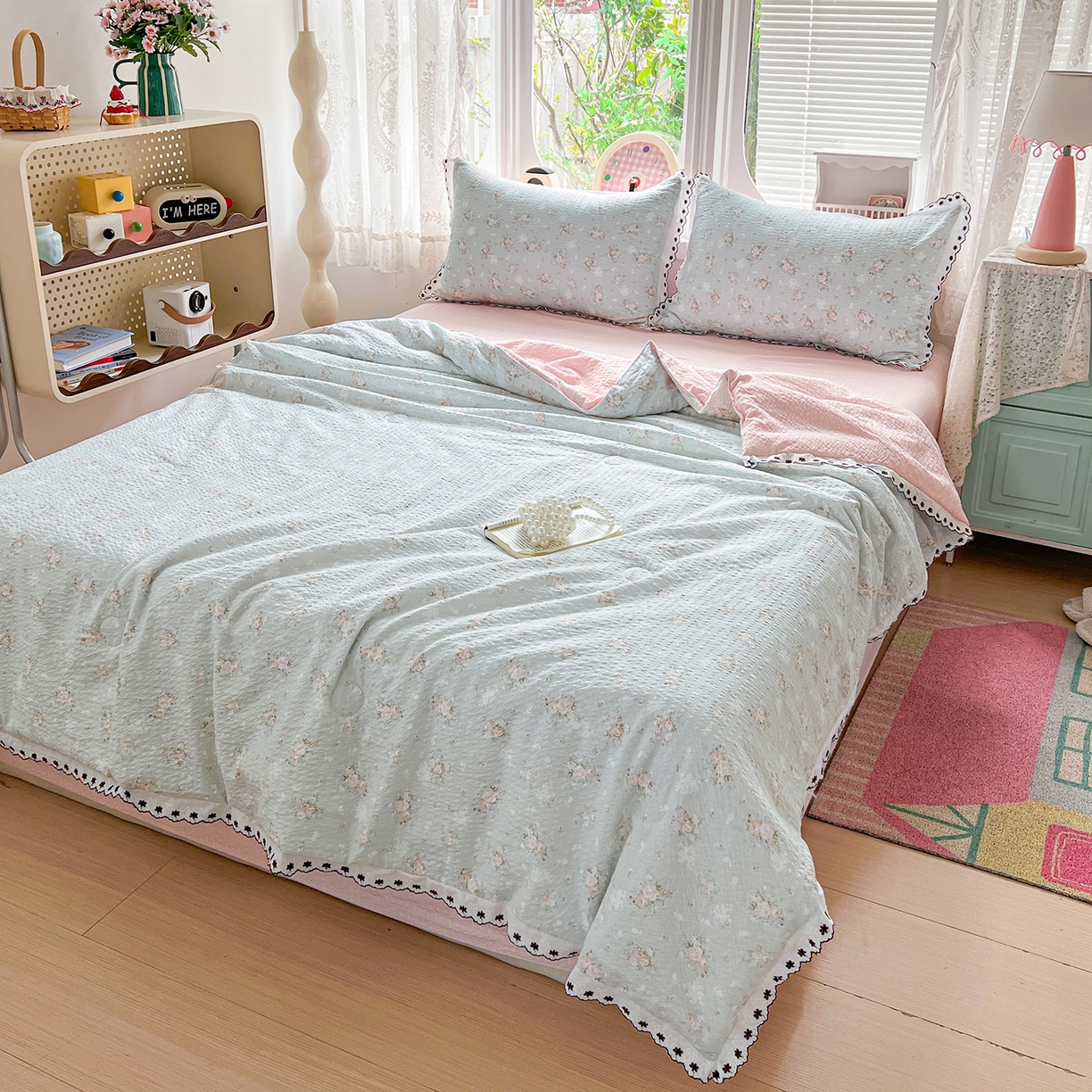 91家纺网 家纺一手货源 找家纺 恒尚居 2026新款A类泡芙纱花边夏被夏凉被空调被四套件 【清新粉玫瑰】全棉花边