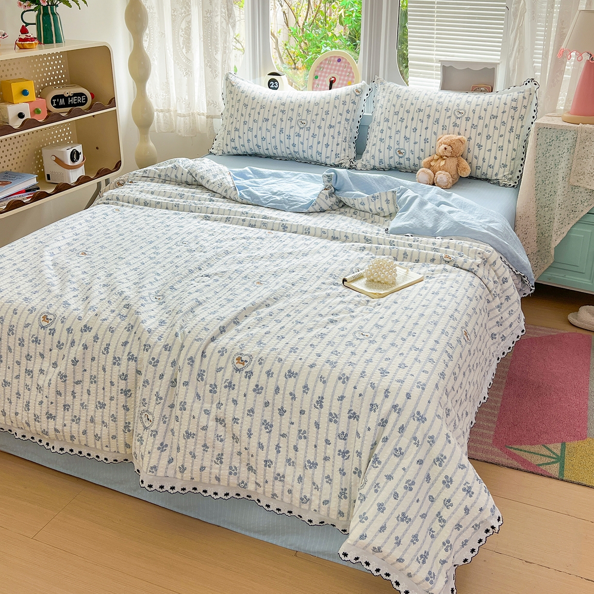 91家纺网 家纺一手货源 找家纺 恒尚居 2026新款A类泡芙纱花边夏被夏凉被空调被四套件 【柔蓝爱心马】全棉花边