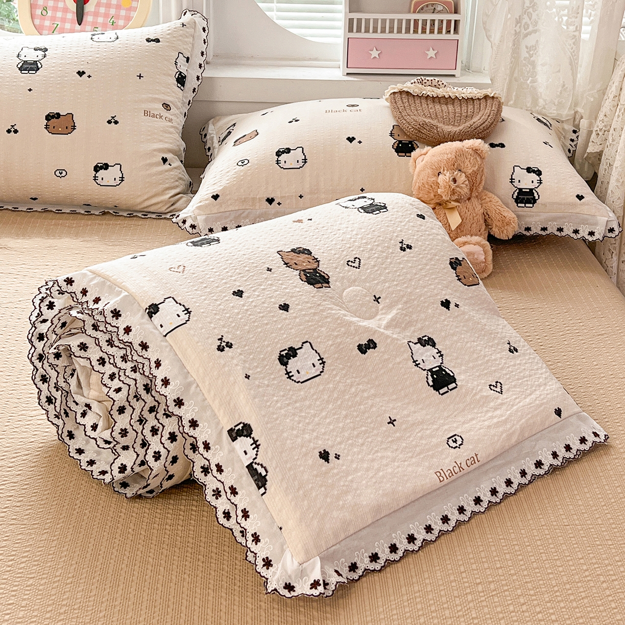 恒尚居 2026新款A类泡芙纱花边夏被夏凉被空调被四套件 【甜妹小猫】全棉花边