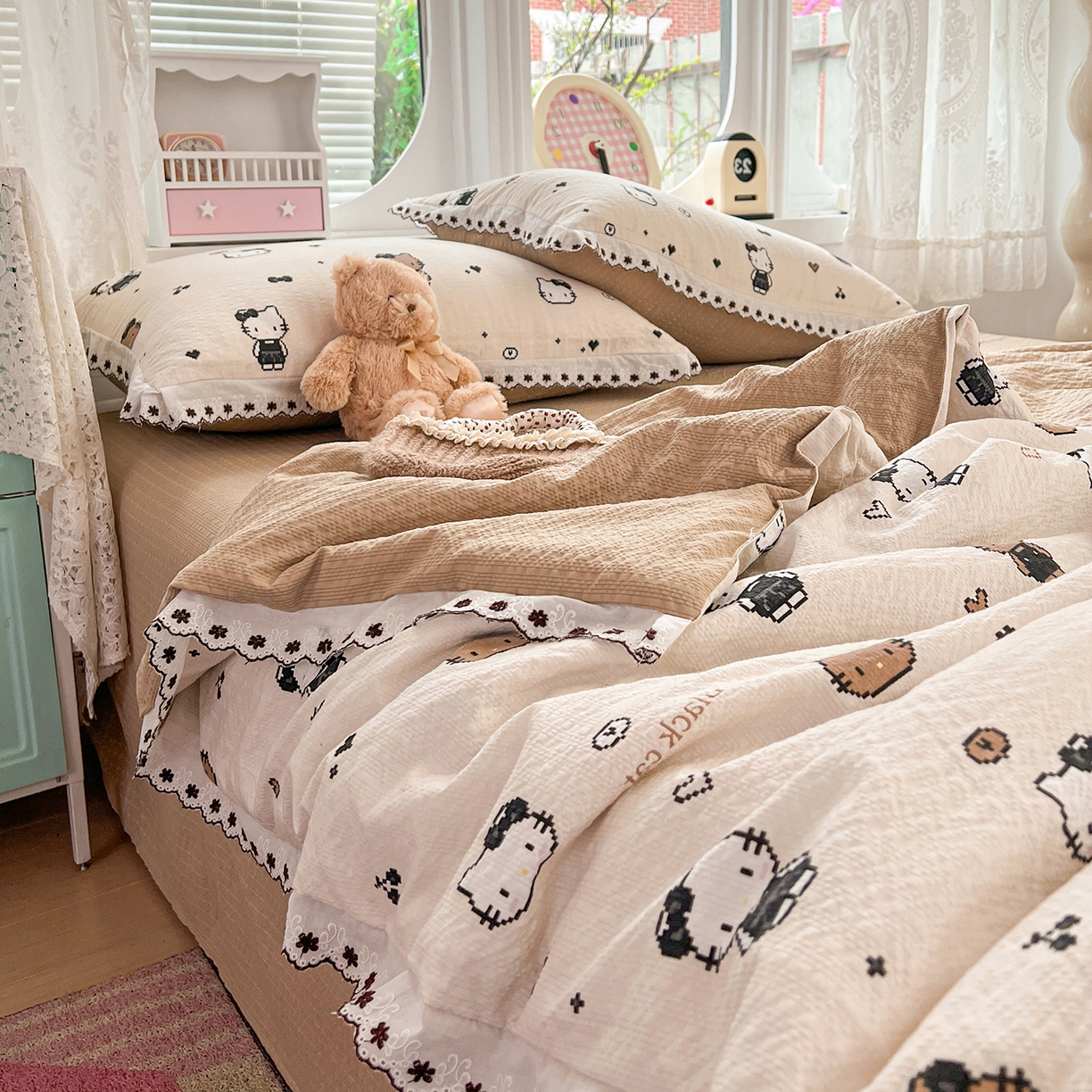 91家纺网 家纺一手货源 找家纺 恒尚居 2026新款A类泡芙纱花边夏被夏凉被空调被四套件 【甜妹小猫】全棉花边