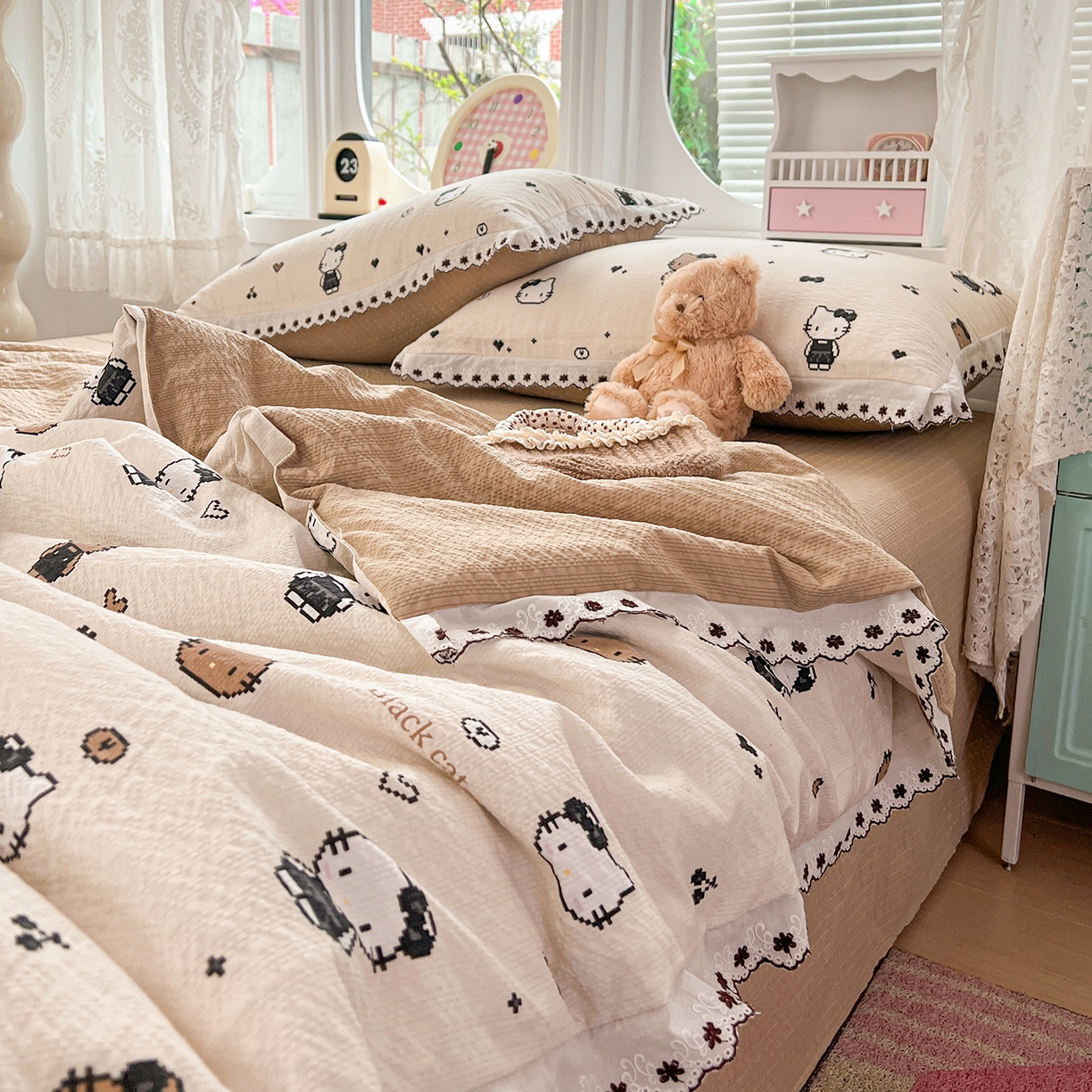 91家纺网 家纺一手货源 找家纺 恒尚居 2026新款A类泡芙纱花边夏被夏凉被空调被四套件 【甜妹小猫】全棉花边