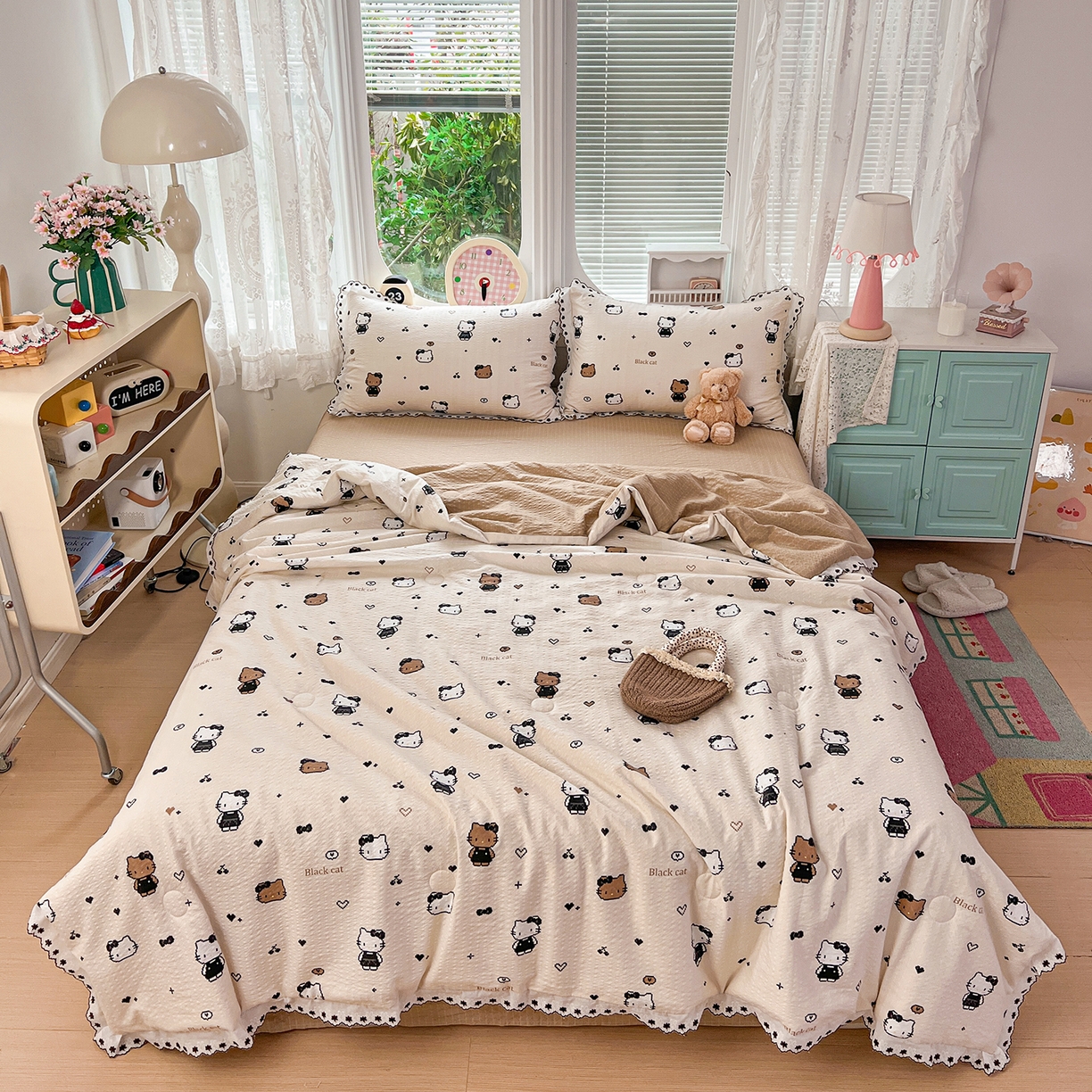 91家纺网 家纺一手货源 找家纺 恒尚居 2026新款A类泡芙纱花边夏被夏凉被空调被四套件 【甜妹小猫】全棉花边