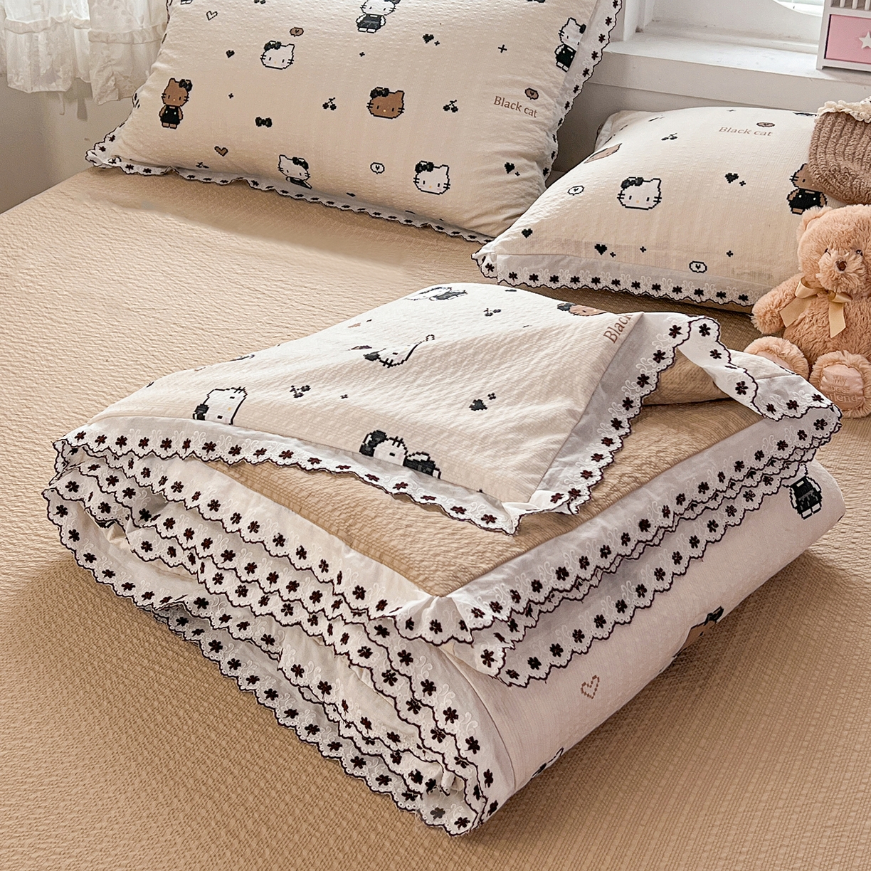 91家纺网 家纺一手货源 找家纺 恒尚居 2026新款A类泡芙纱花边夏被夏凉被空调被四套件 【甜妹小猫】全棉花边
