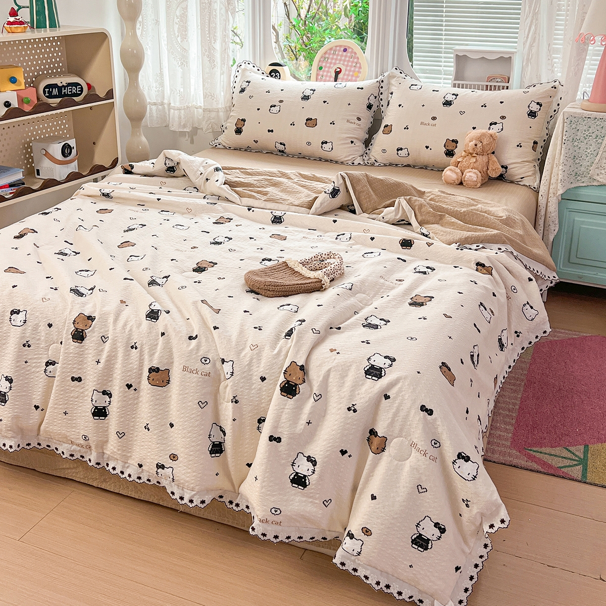 91家纺网 家纺一手货源 找家纺 恒尚居 2026新款A类泡芙纱花边夏被夏凉被空调被四套件 【甜妹小猫】全棉花边