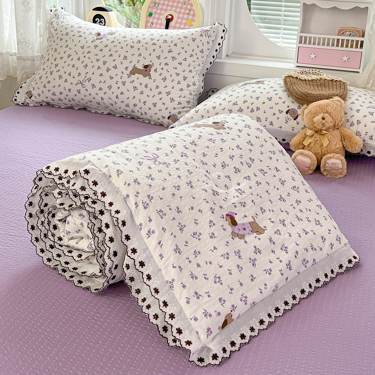 恒尚居 2026新款A类泡芙纱花边夏被夏凉被空调被四套件 【紫调小狗】全棉花边