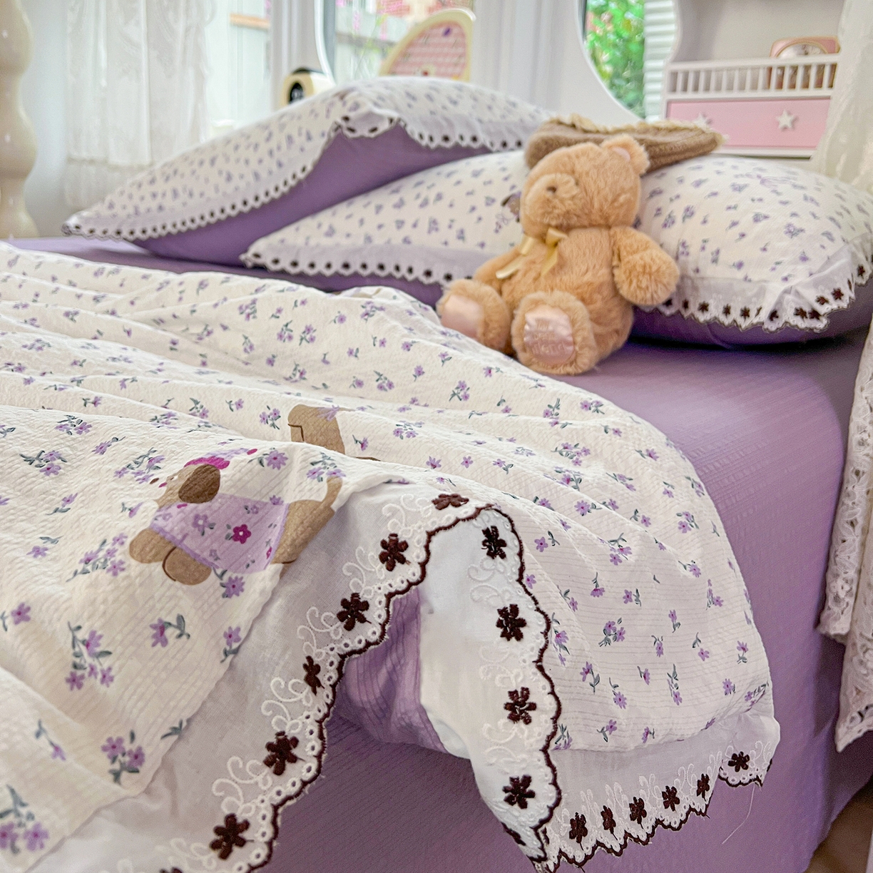 91家纺网 家纺一手货源 找家纺 恒尚居 2026新款A类泡芙纱花边夏被夏凉被空调被四套件 【紫调小狗】全棉花边