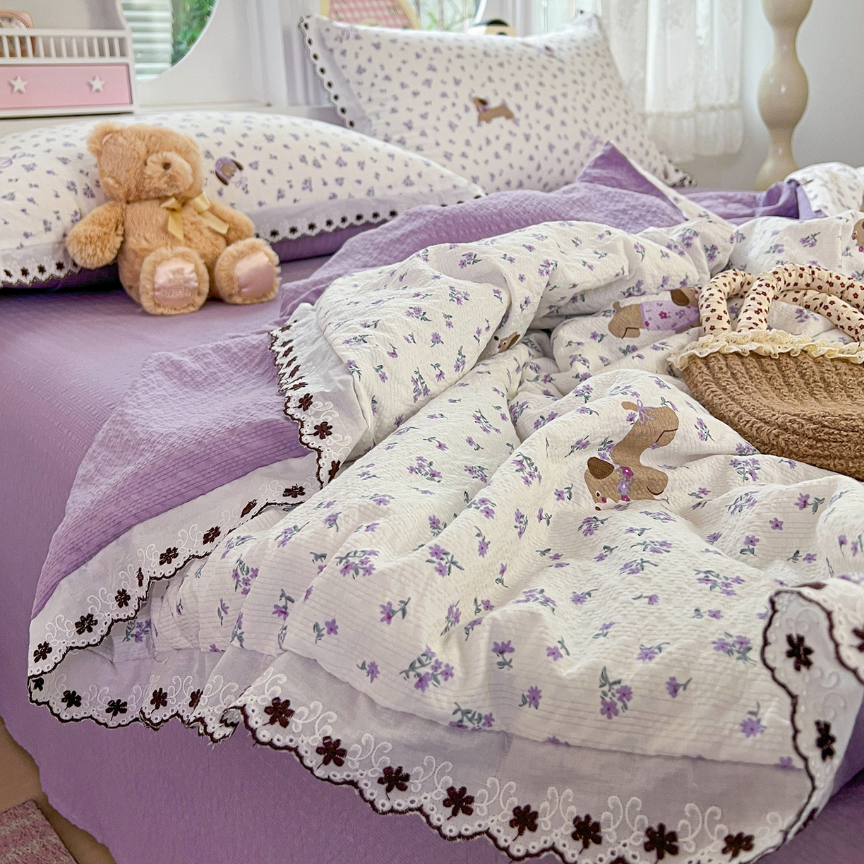 91家纺网 家纺一手货源 找家纺 恒尚居 2026新款A类泡芙纱花边夏被夏凉被空调被四套件 【紫调小狗】全棉花边
