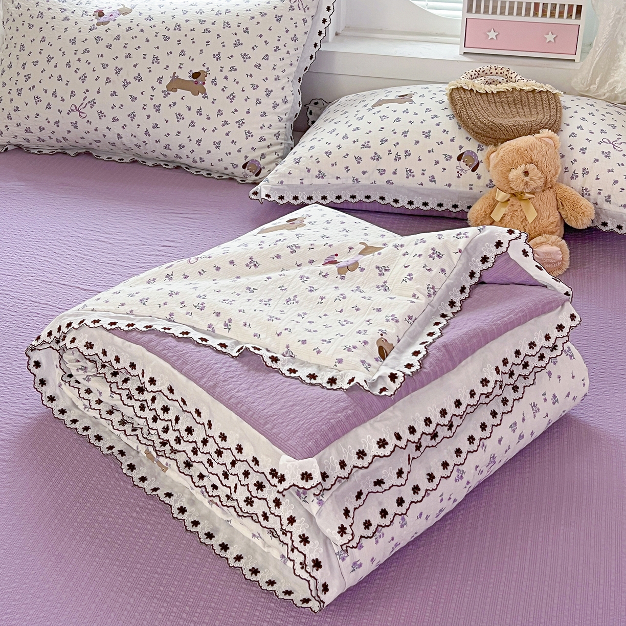 91家纺网 家纺一手货源 找家纺 恒尚居 2026新款A类泡芙纱花边夏被夏凉被空调被四套件 【紫调小狗】全棉花边