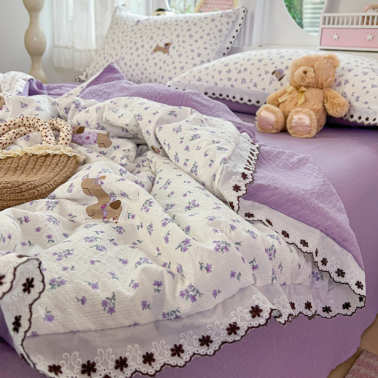 91家纺网 家纺一手货源 找家纺 恒尚居 2026新款A类泡芙纱花边夏被夏凉被空调被四套件 【紫调小狗】全棉花边