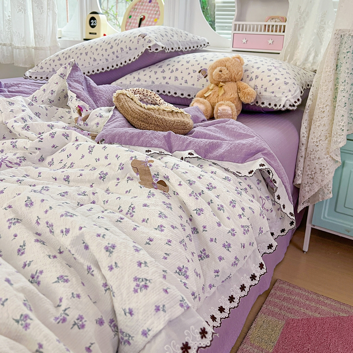 91家纺网 家纺一手货源 找家纺 恒尚居 2026新款A类泡芙纱花边夏被夏凉被空调被四套件 【紫调小狗】全棉花边