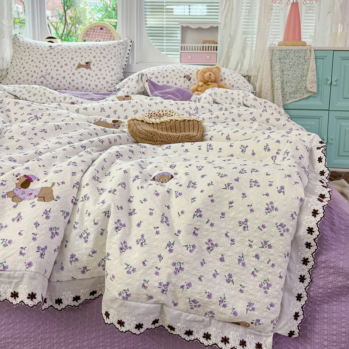 91家纺网 家纺一手货源 找家纺 恒尚居 2026新款A类泡芙纱花边夏被夏凉被空调被四套件 【紫调小狗】全棉花边