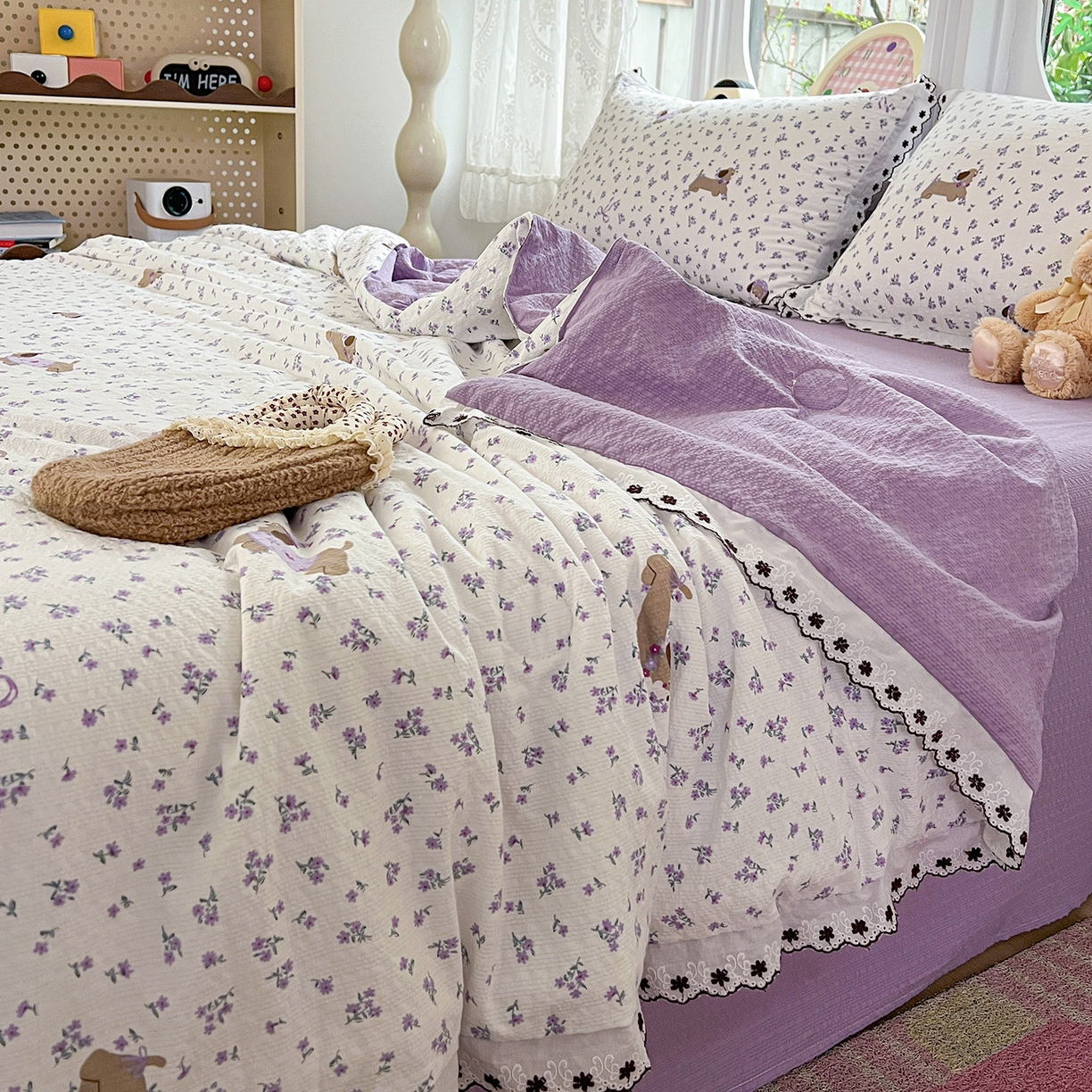 91家纺网 家纺一手货源 找家纺 恒尚居 2026新款A类泡芙纱花边夏被夏凉被空调被四套件 【紫调小狗】全棉花边