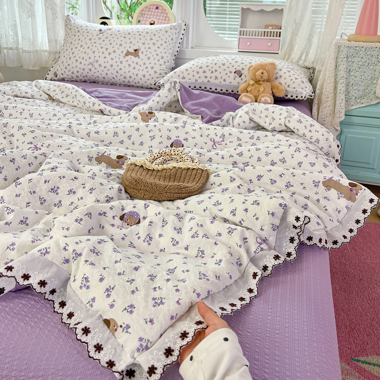91家纺网 家纺一手货源 找家纺 恒尚居 2026新款A类泡芙纱花边夏被夏凉被空调被四套件 【紫调小狗】全棉花边