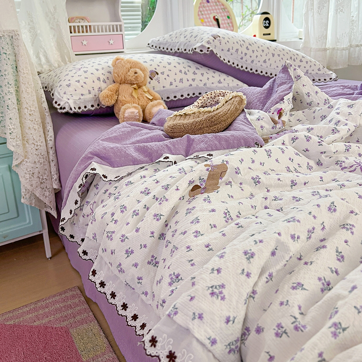 91家纺网 家纺一手货源 找家纺 恒尚居 2026新款A类泡芙纱花边夏被夏凉被空调被四套件 【紫调小狗】全棉花边